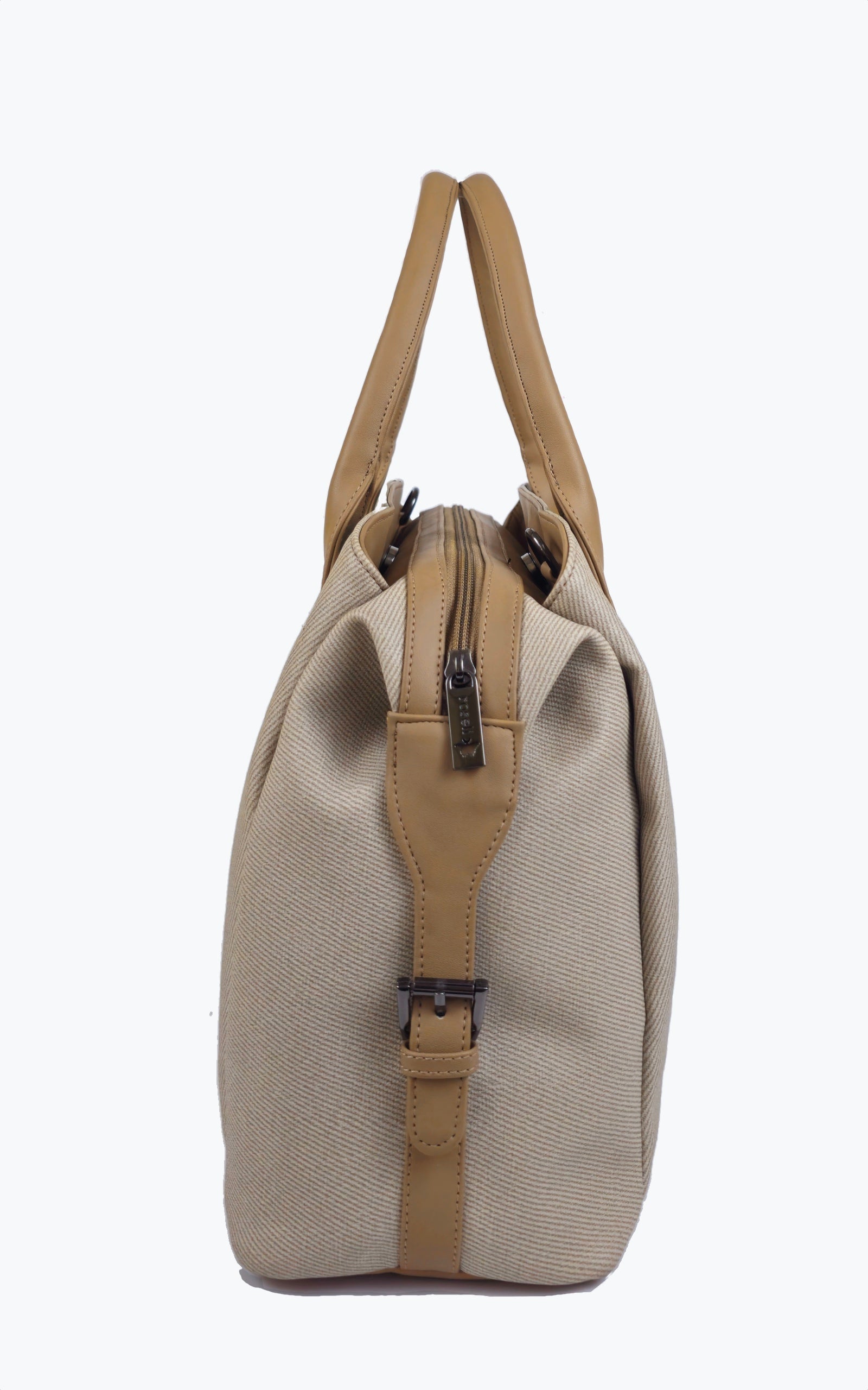 A beige canvas duffel bag with tan leather handles and trim, shown from the side against a plain white background.