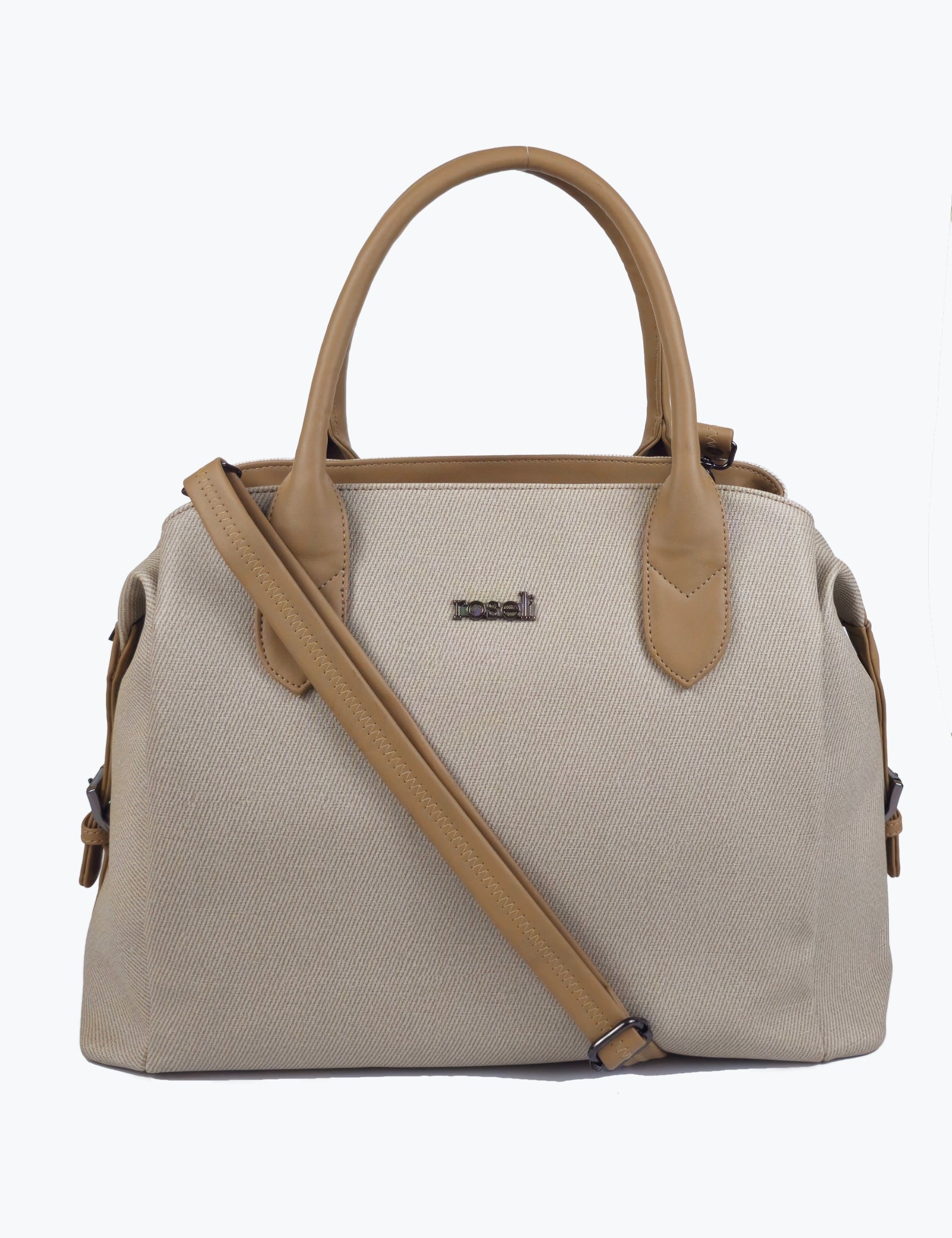 A structured beige tote bag with tan leather handles and a matching shoulder strap, featuring a small metallic logo on the front, set against a plain white background.