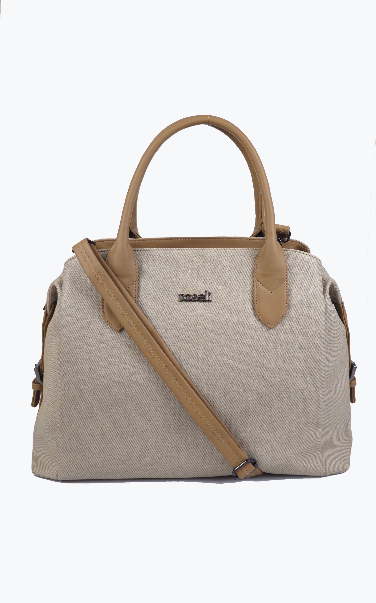 A structured beige tote bag with tan leather handles and a matching shoulder strap, featuring a small metallic logo on the front, set against a plain white background.