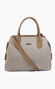 A structured beige tote bag with tan leather handles and a matching shoulder strap, featuring a small metallic logo on the front, set against a plain white background.