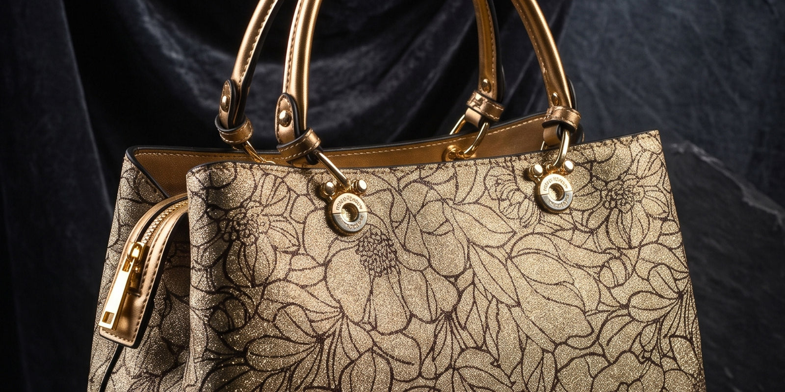 A structured top-handle handbag with a metallic gold floral pattern and gold-tone hardware, styled on a dark draped fabric background with a pen, notebook, and compass nearby.