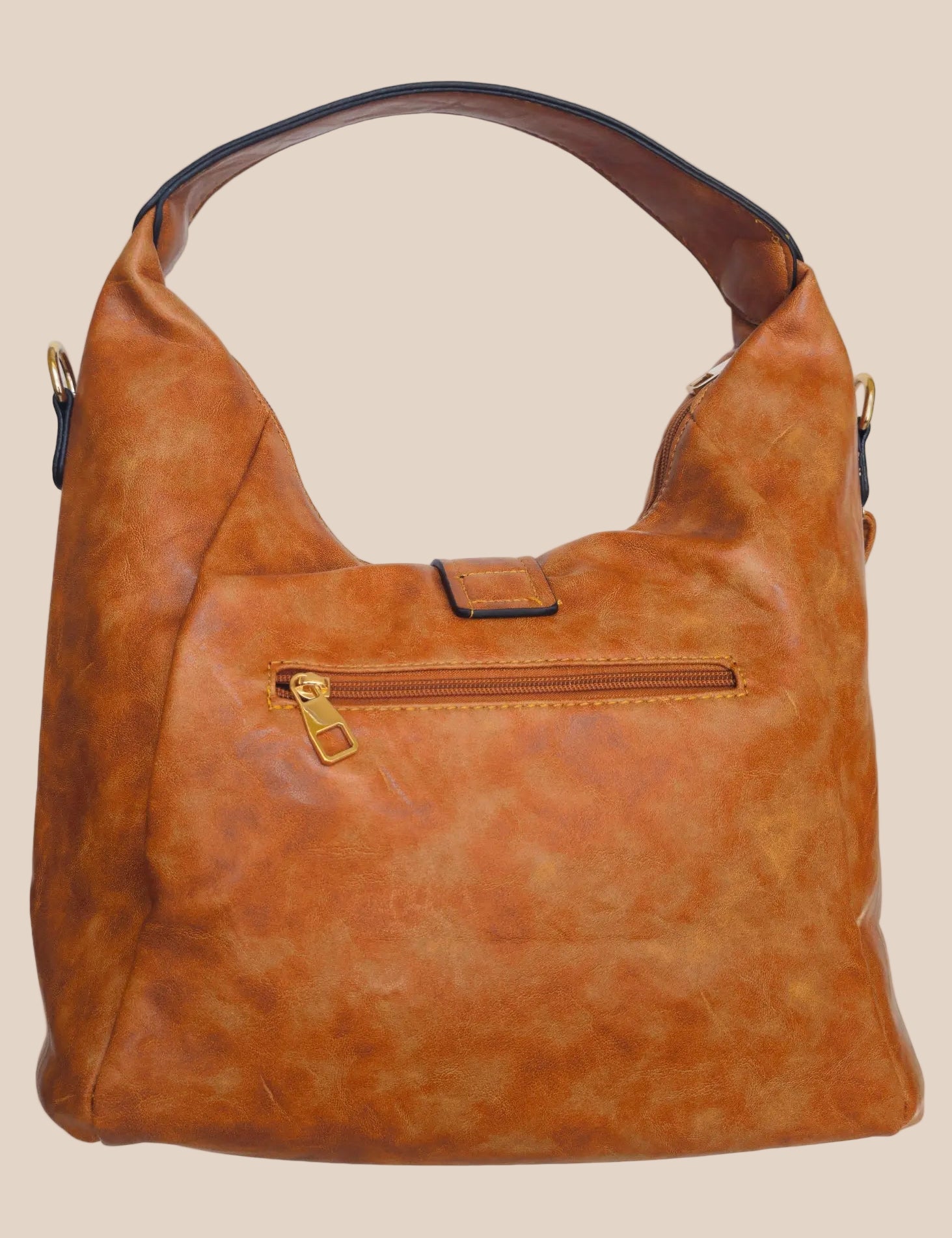 Brown leather handbag with a buckle detail back view
