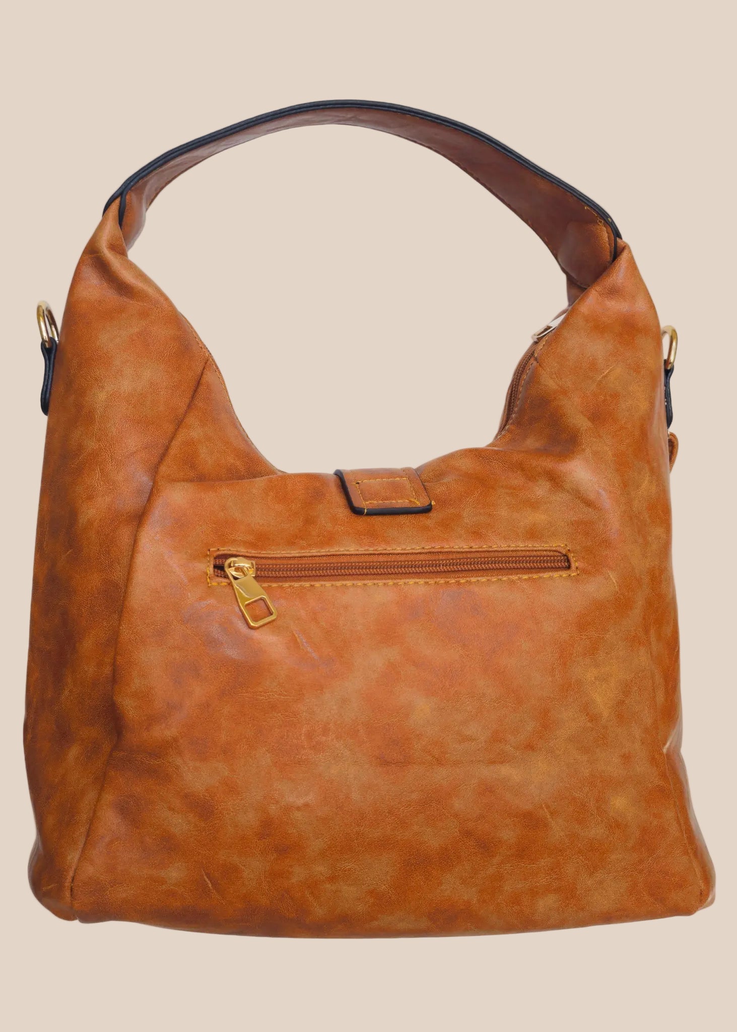 Brown leather handbag with a buckle detail back view