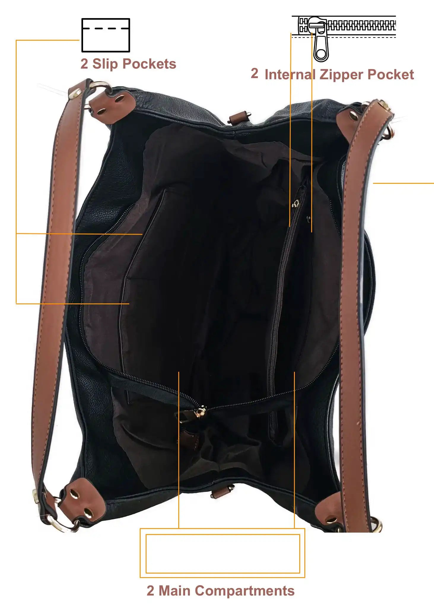 Black leather handbag with brown accents on a beige background inside view