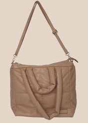 Brown smooth form handbag with a strap and handles front view