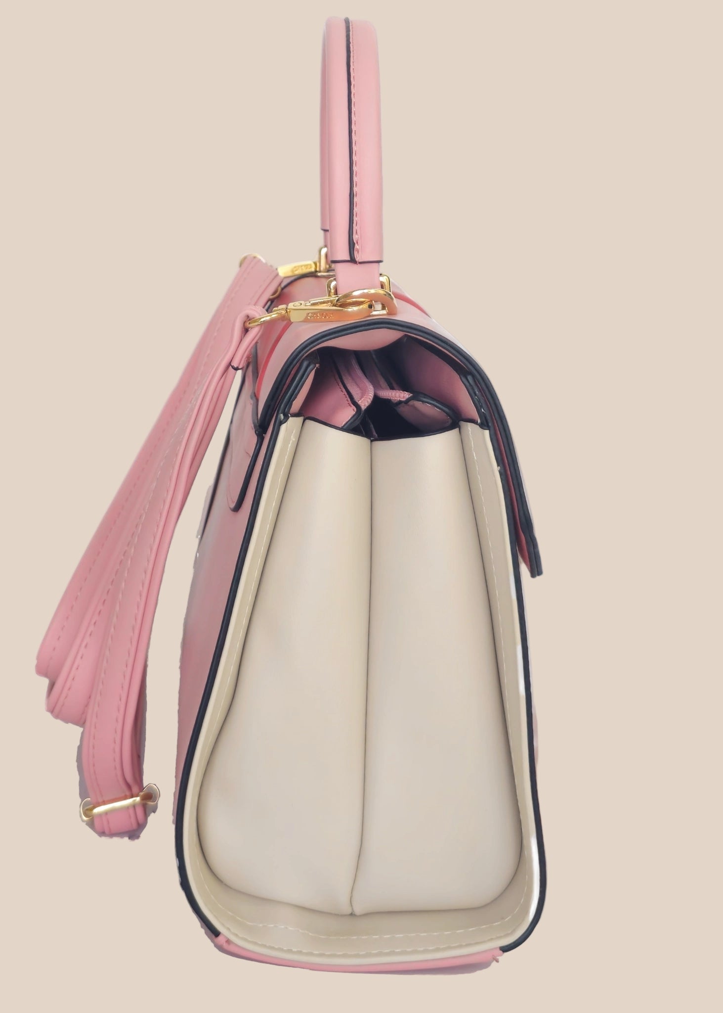 Pink and red handbag with a gold clasp side view