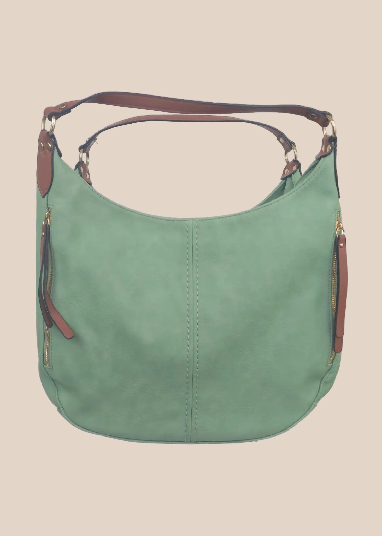 Green handbag with brown accents on a beige background front