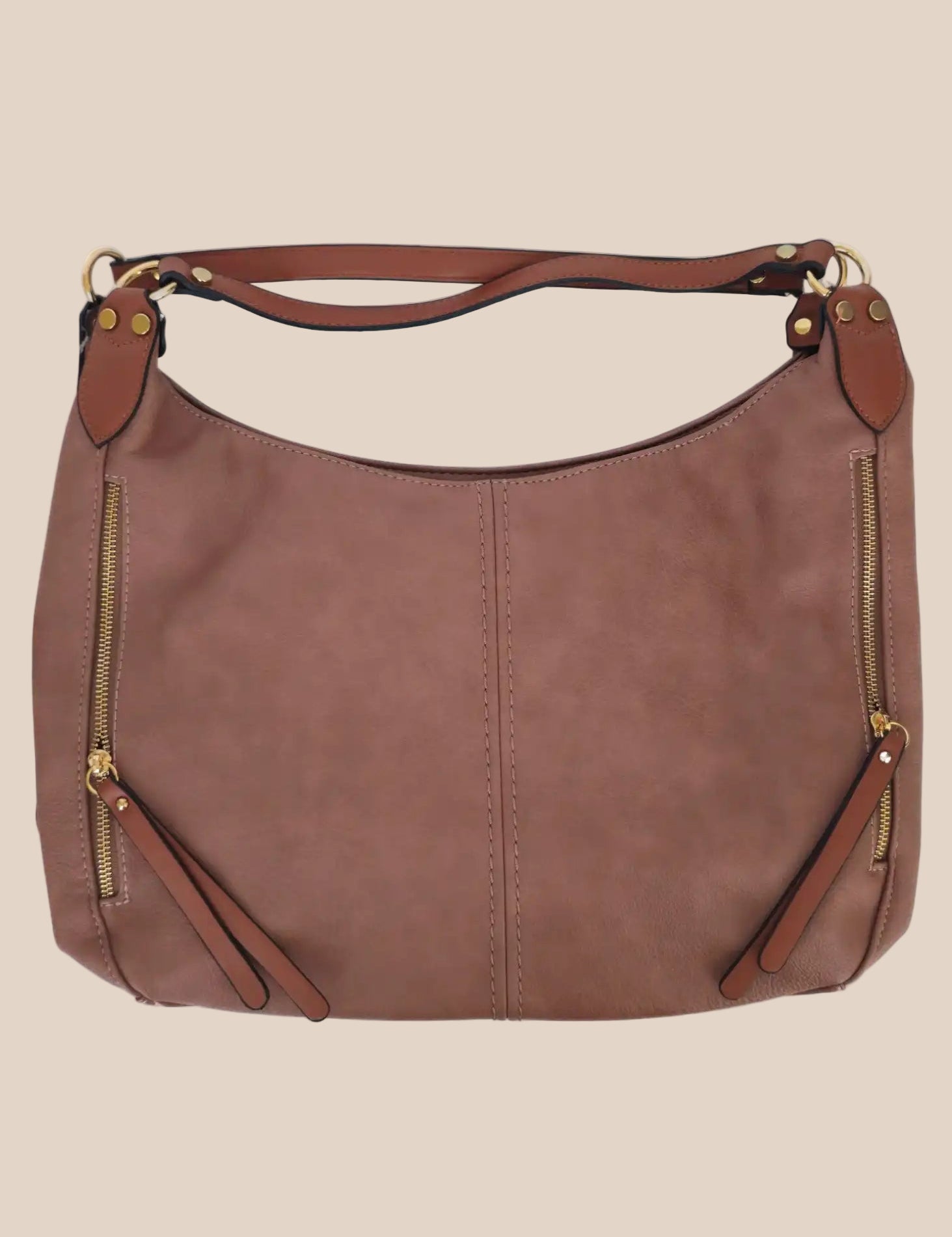 Brown handbag with gold zippers on a beige background front