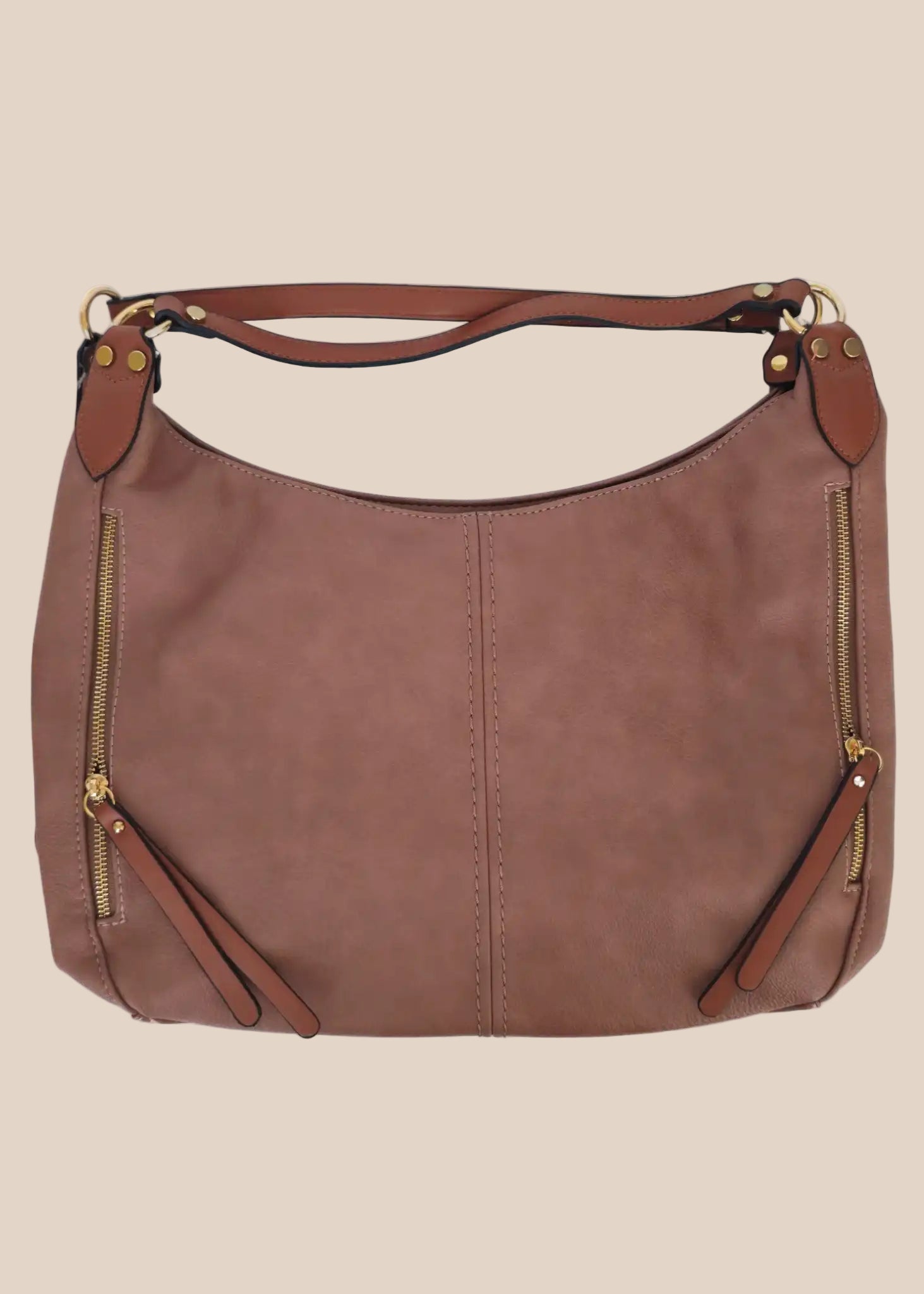 Brown handbag with gold zippers on a beige background front