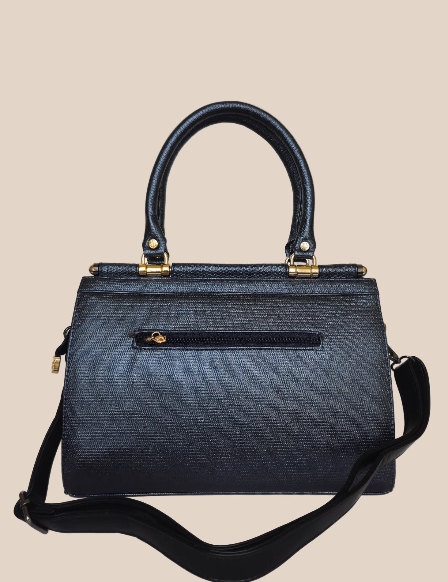 Black handbag with gold accents back view