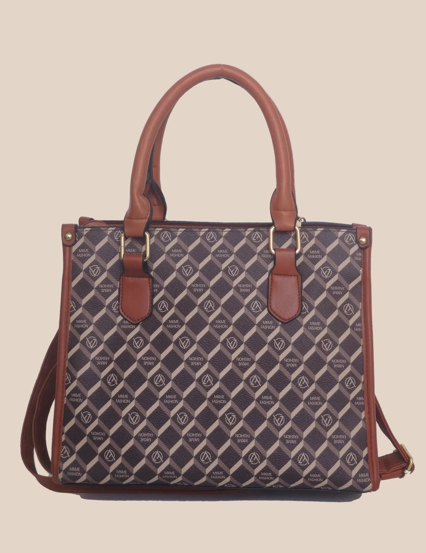 Patterned handbag with brown accents back view