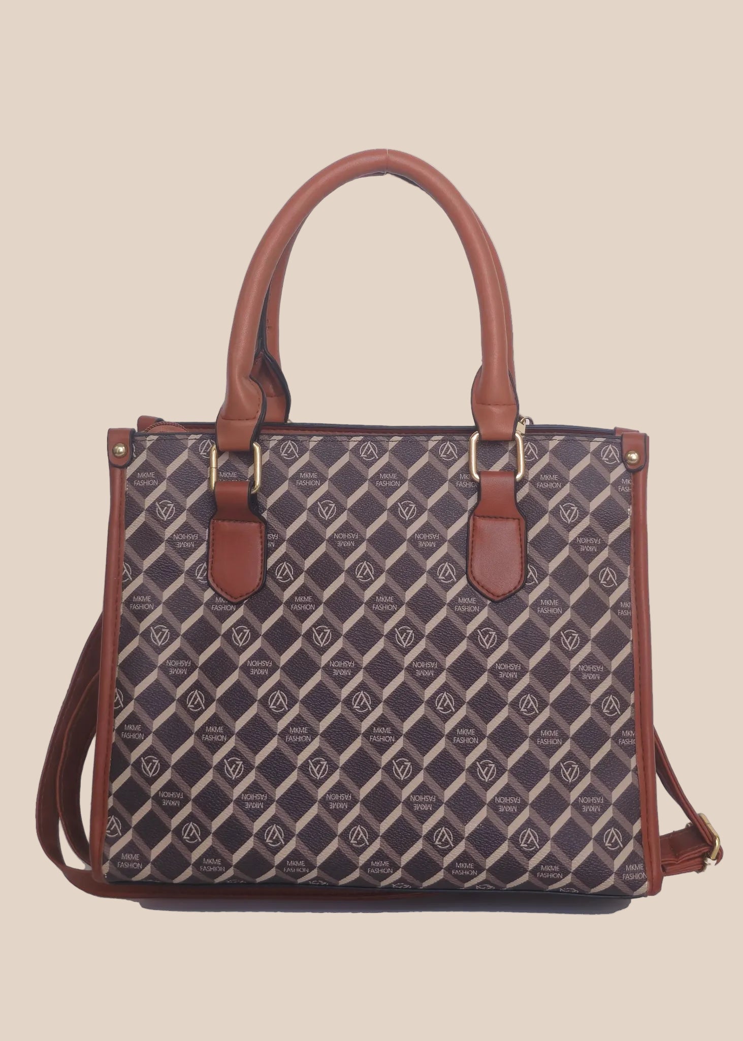 Patterned handbag with brown accents back view
