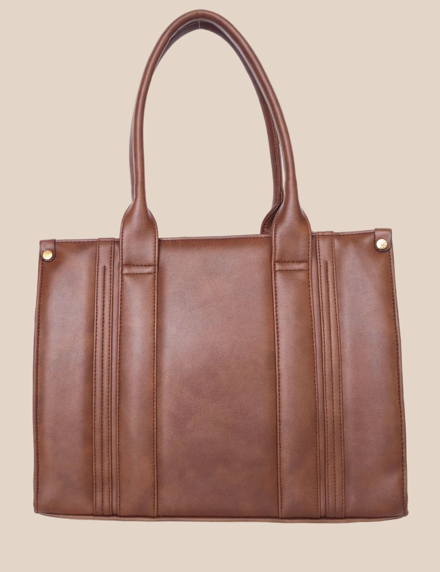 Brown leather tote bag with 'GORGEOUS' branding from doodluxe back view