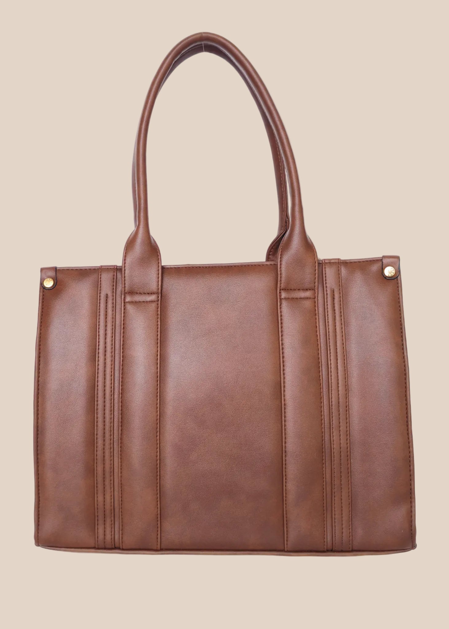 Brown leather tote bag with 'GORGEOUS' branding from doodluxe back view
