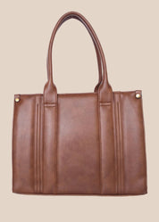 Brown leather tote bag with 'GORGEOUS' branding from doodluxe back view