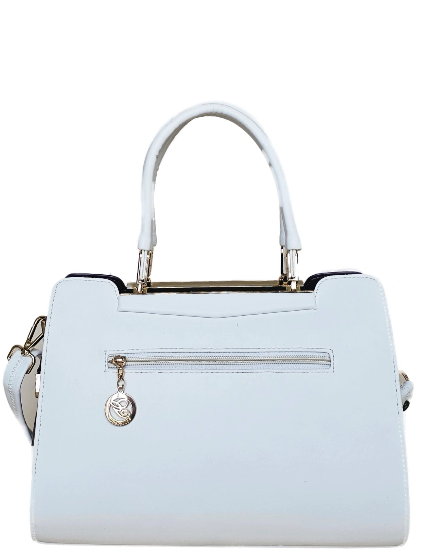 White handbag with gold accents back view