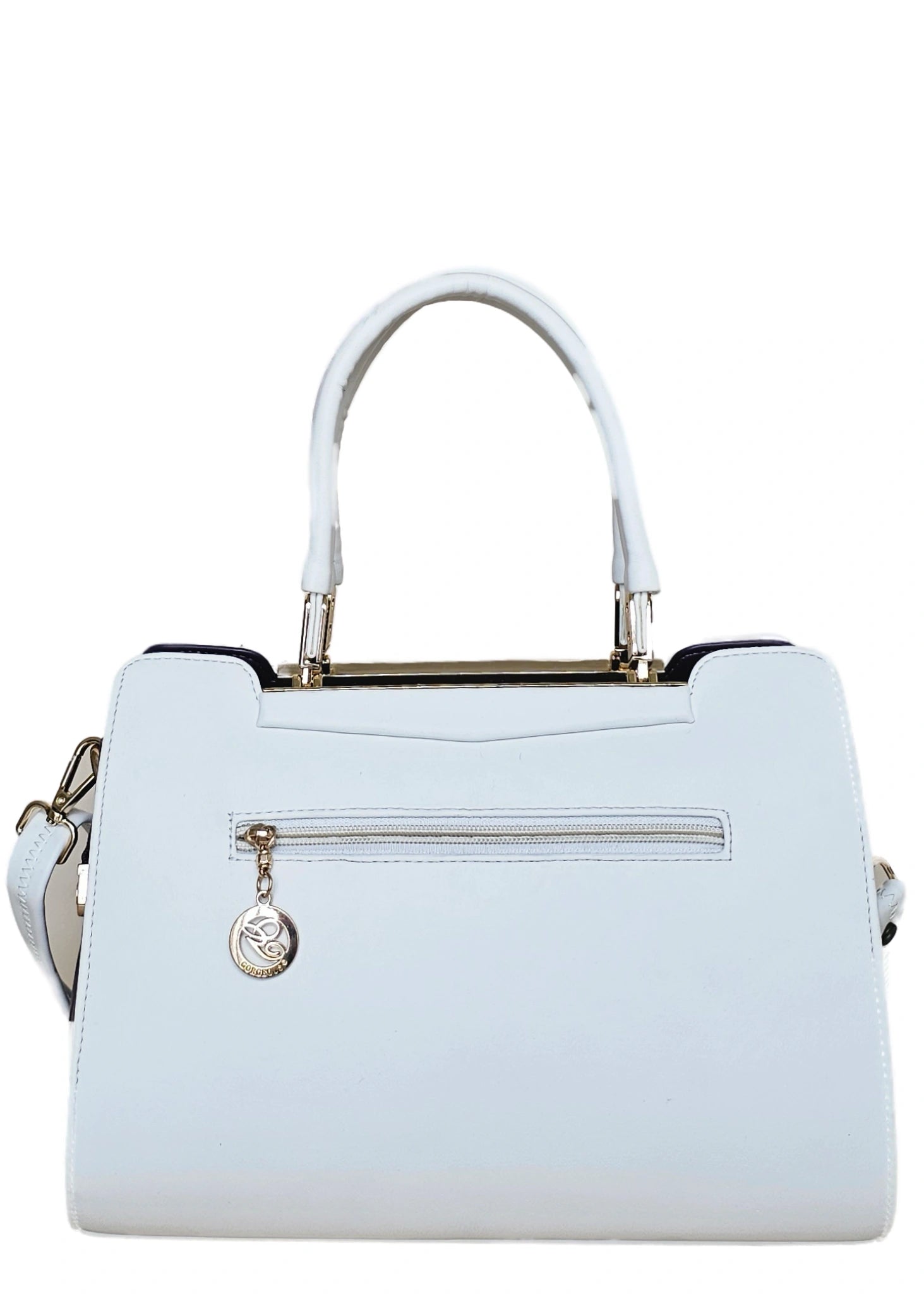 White handbag with gold accents back view