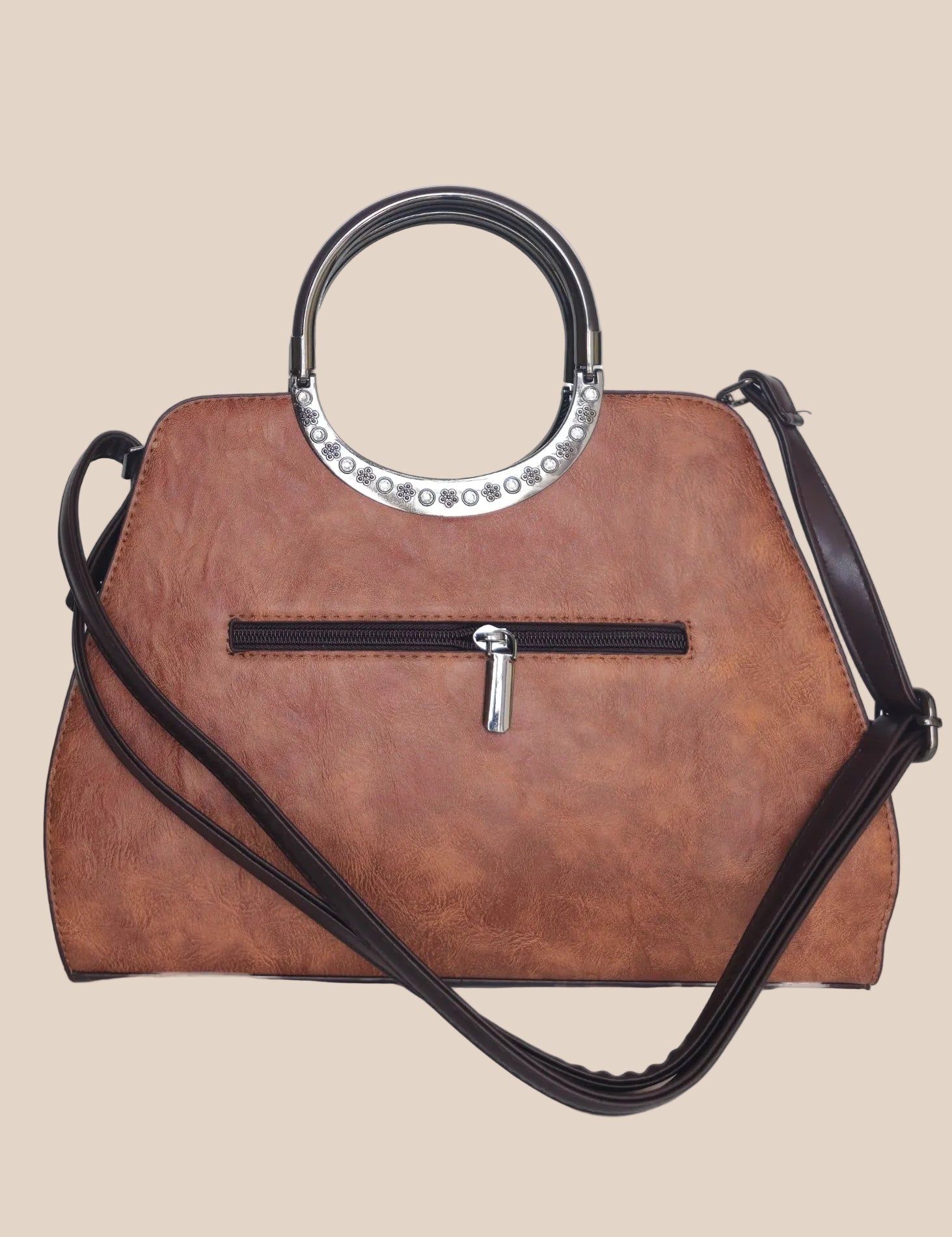 Dark mouve party handbag with floral embossing, back view