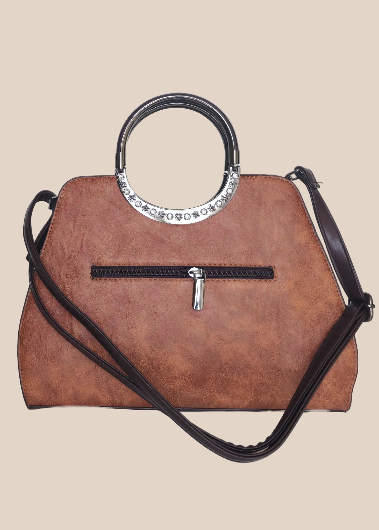 Dark mouve party handbag with floral embossing, back view