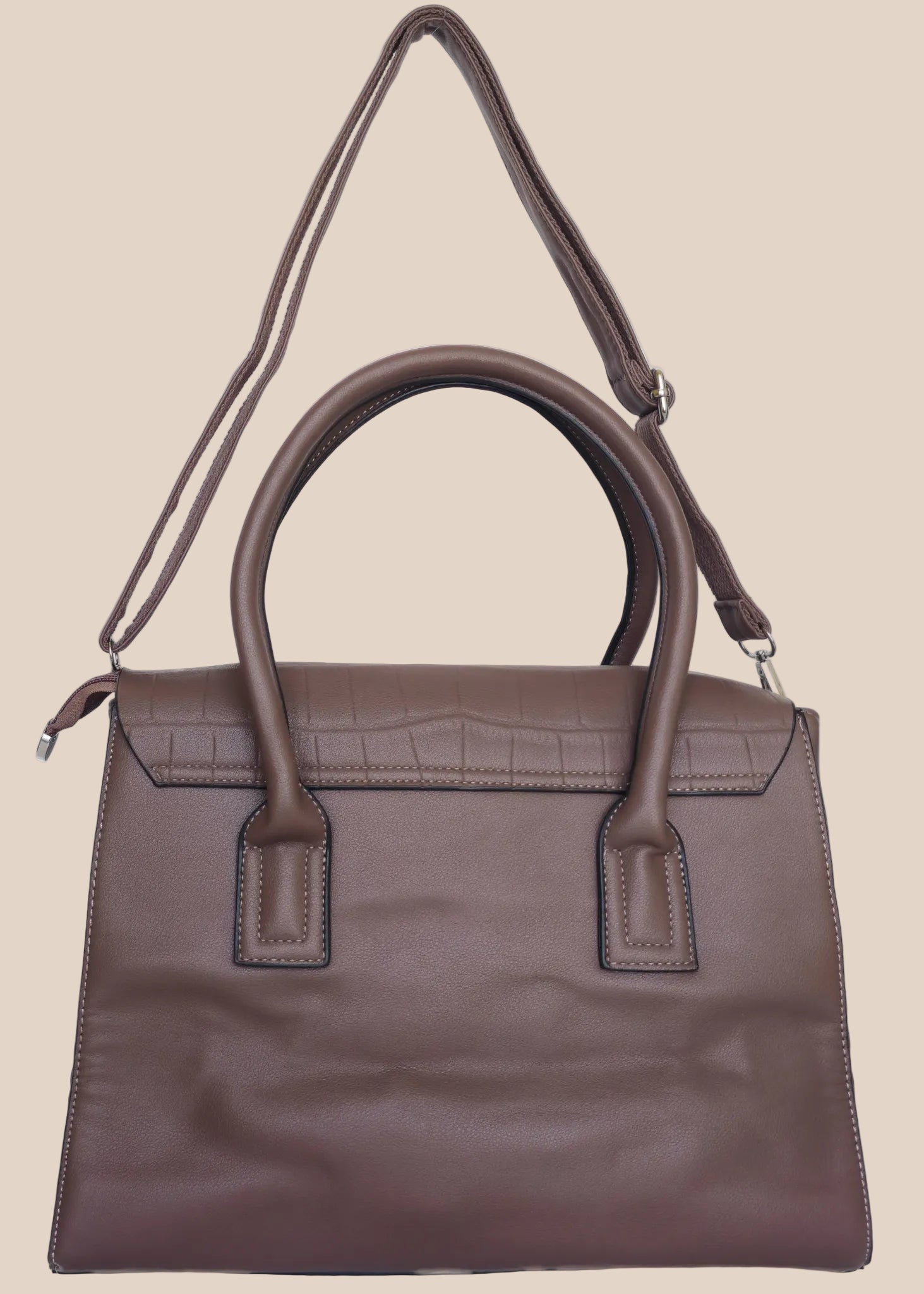 Brown crocodile-patterned ladies' handbag with a shoulder strap back