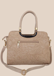 Beige handbag with a floral pattern and a gold handle back view