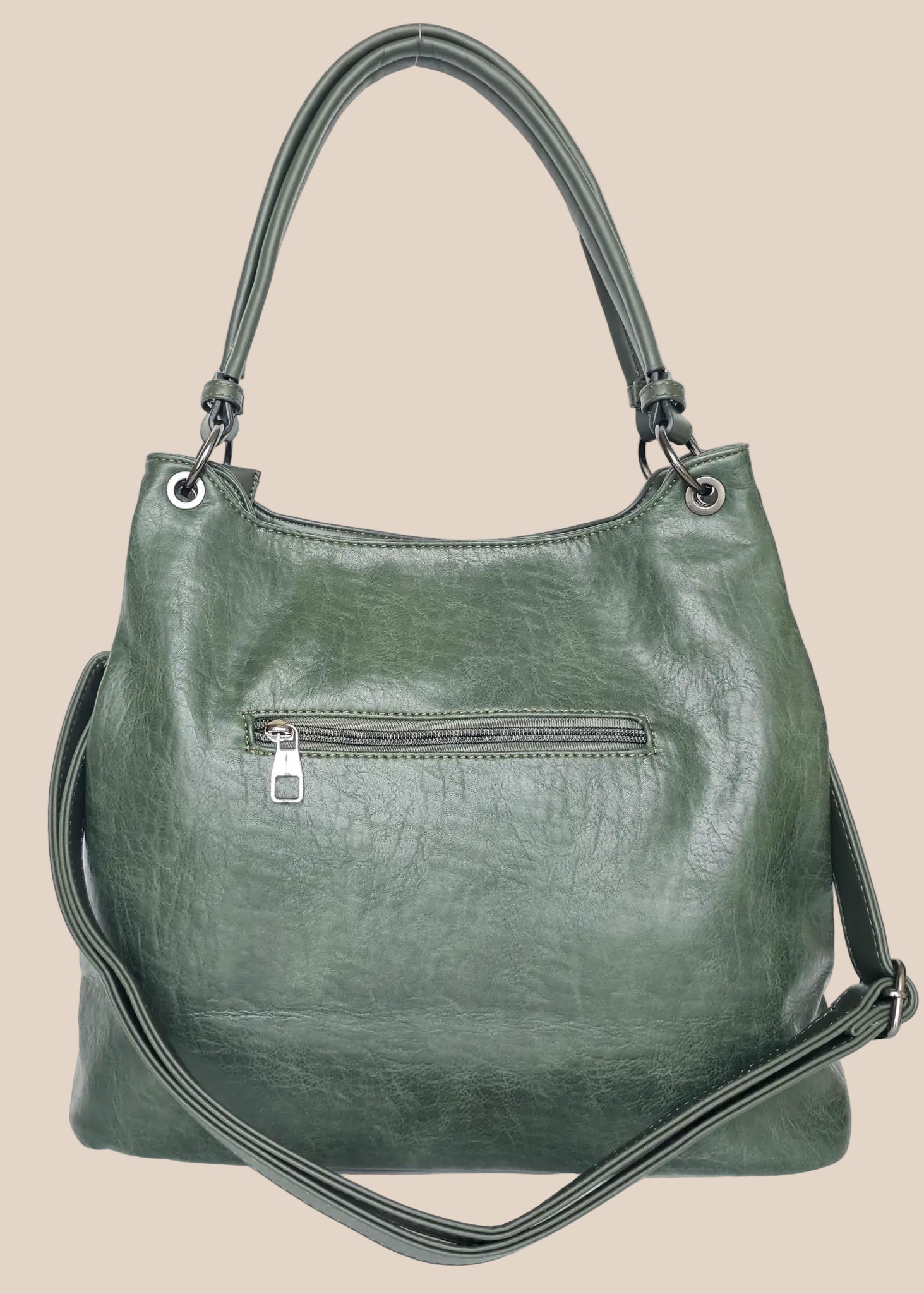 Beige handbag with a floral pattern and a gold handle back view