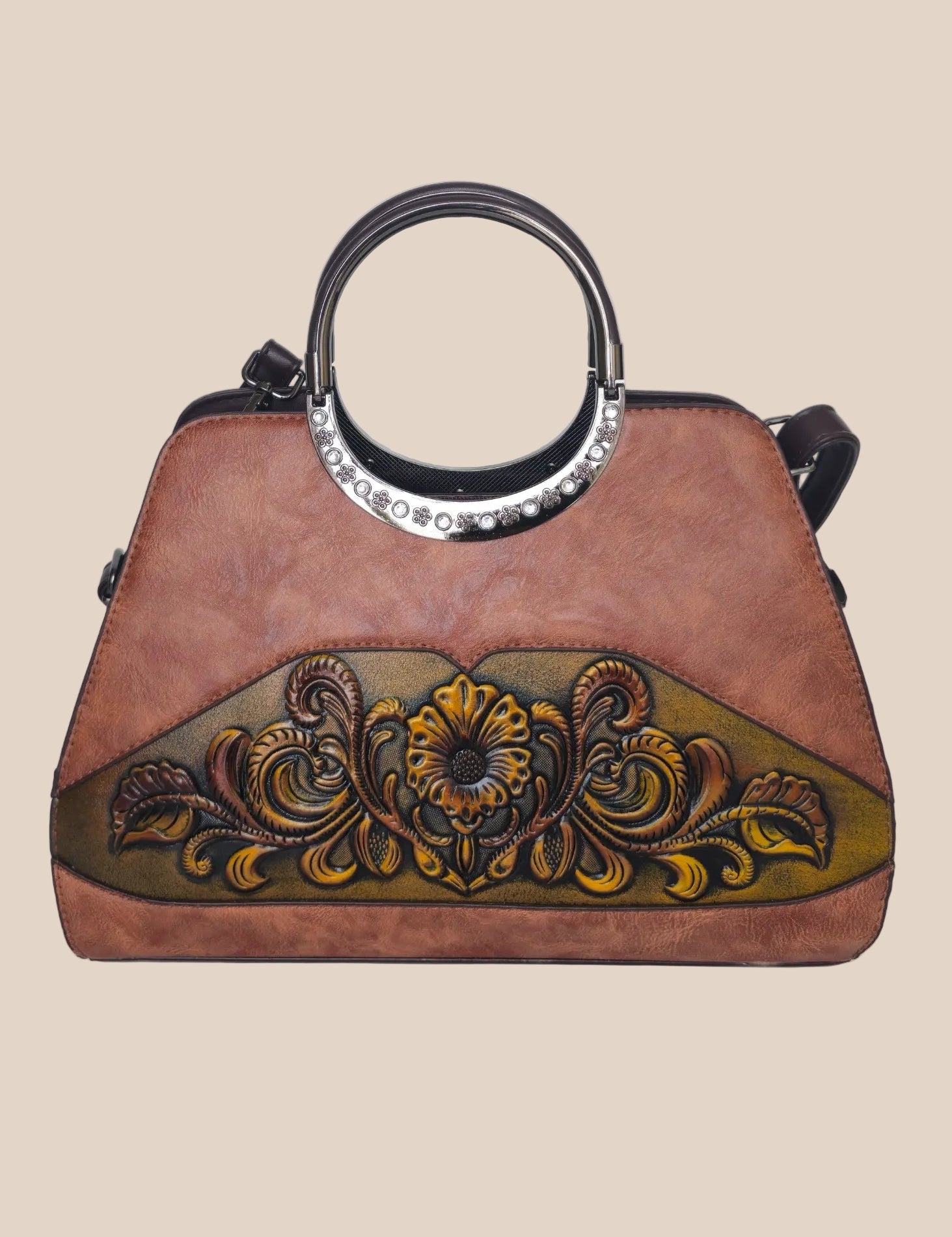 Dark mouve party handbag with floral embossing, front view