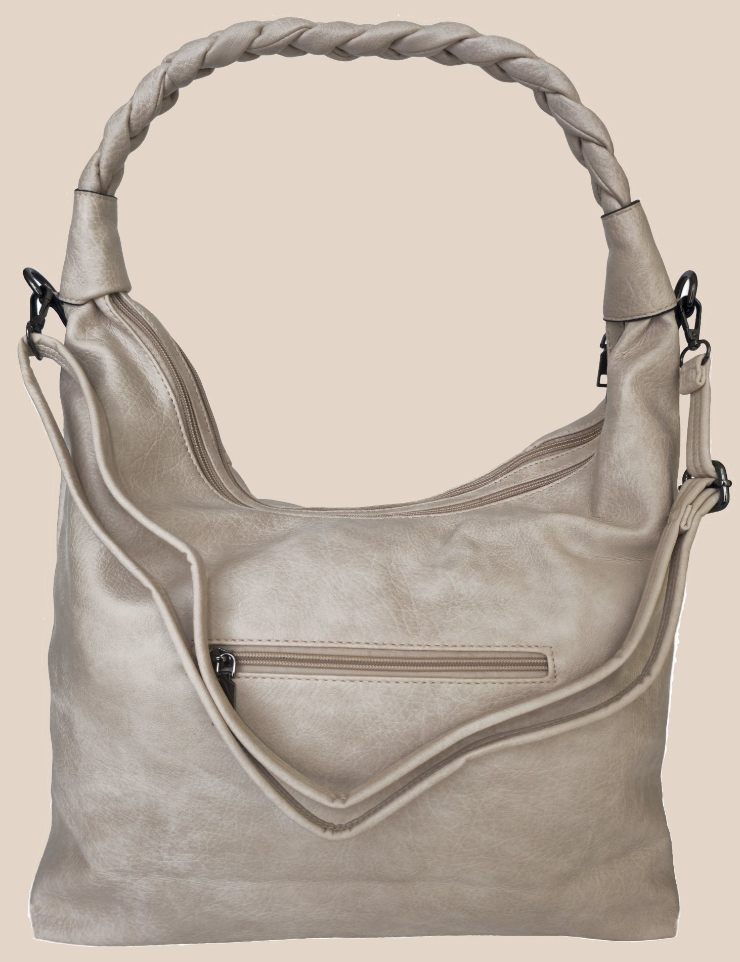 Mocha brown handbag with braided handle back view