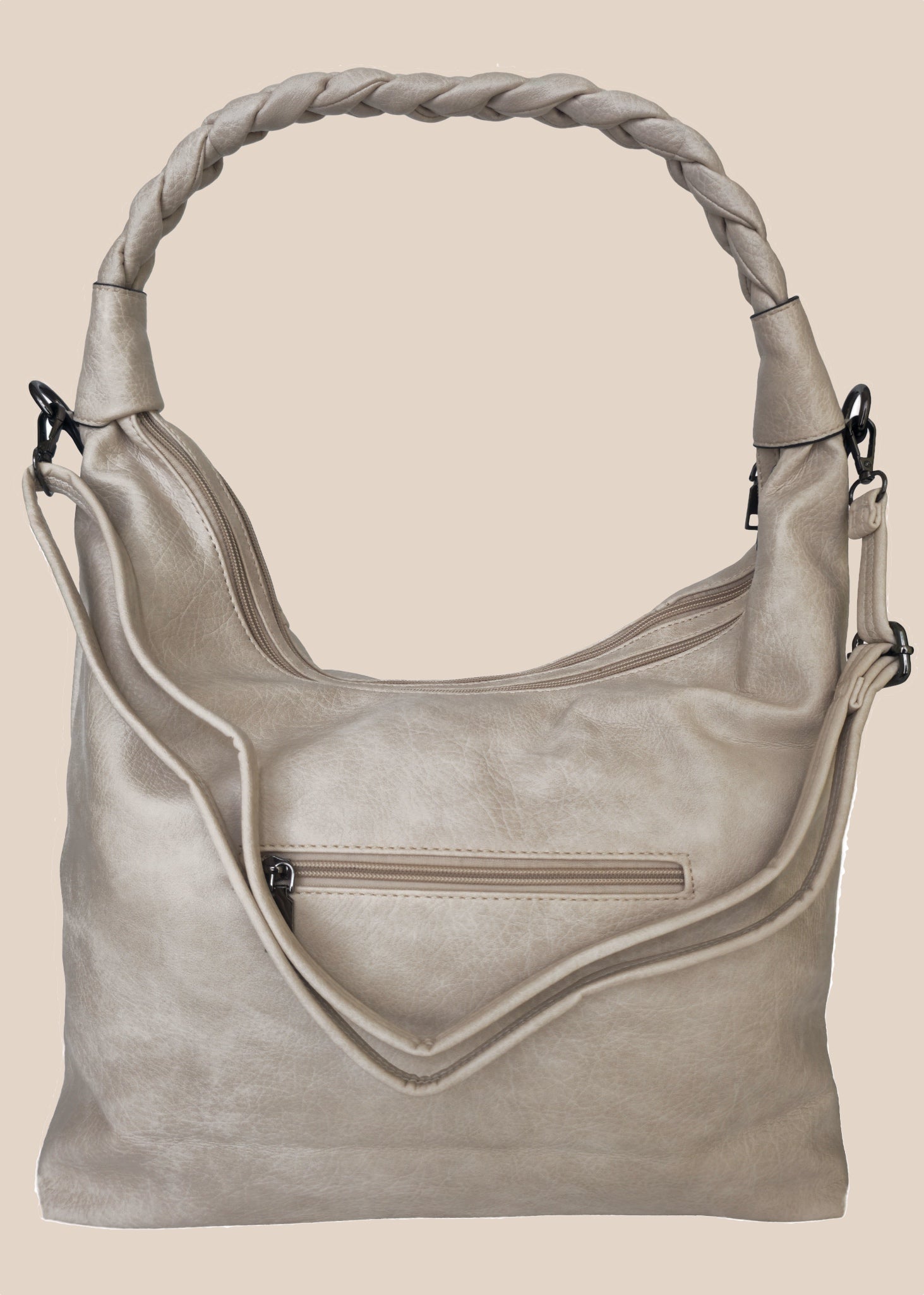 Mocha brown handbag with braided handle back view