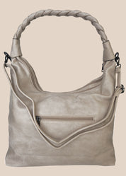 Mocha brown handbag with braided handle back view