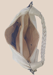 Mocha brown handbag with braided handle interior view