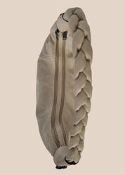 Mocha brown handbag with braided handle top view