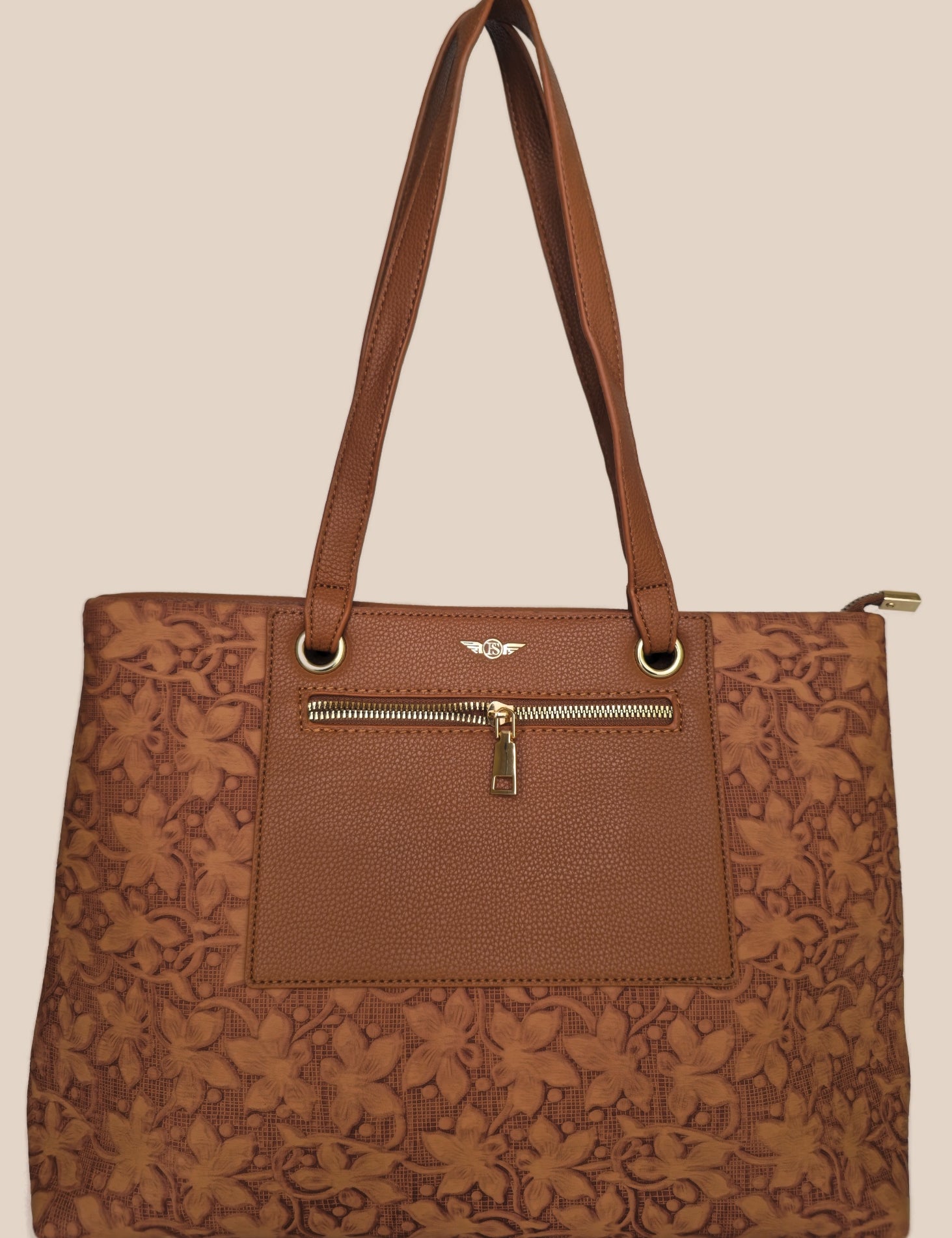 Dark Mouve floral-patterned handbag with a gold zipper front view