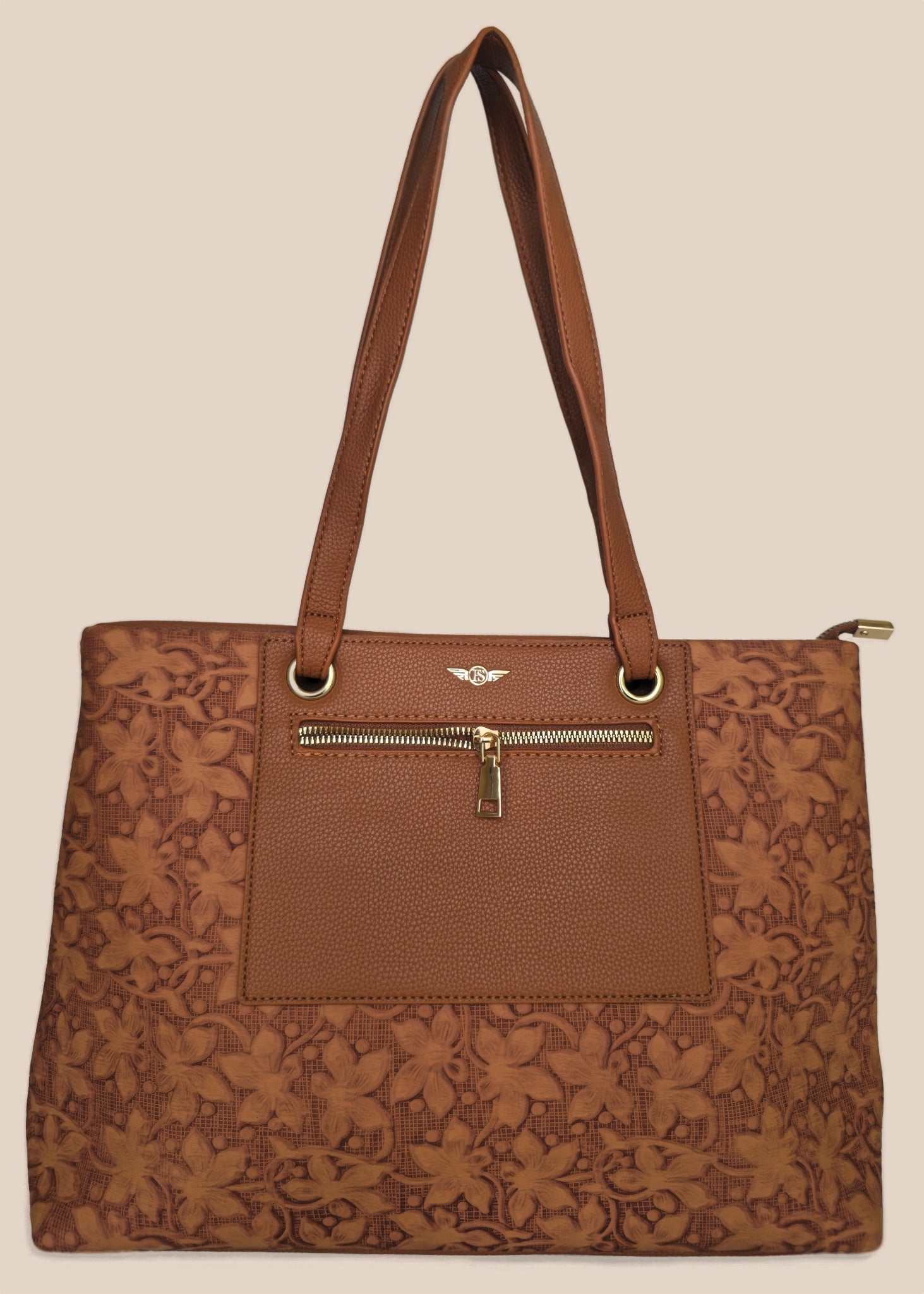 Dark Mouve floral-patterned handbag with a gold zipper front view
