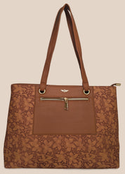 Dark Mouve floral-patterned handbag with a gold zipper front view