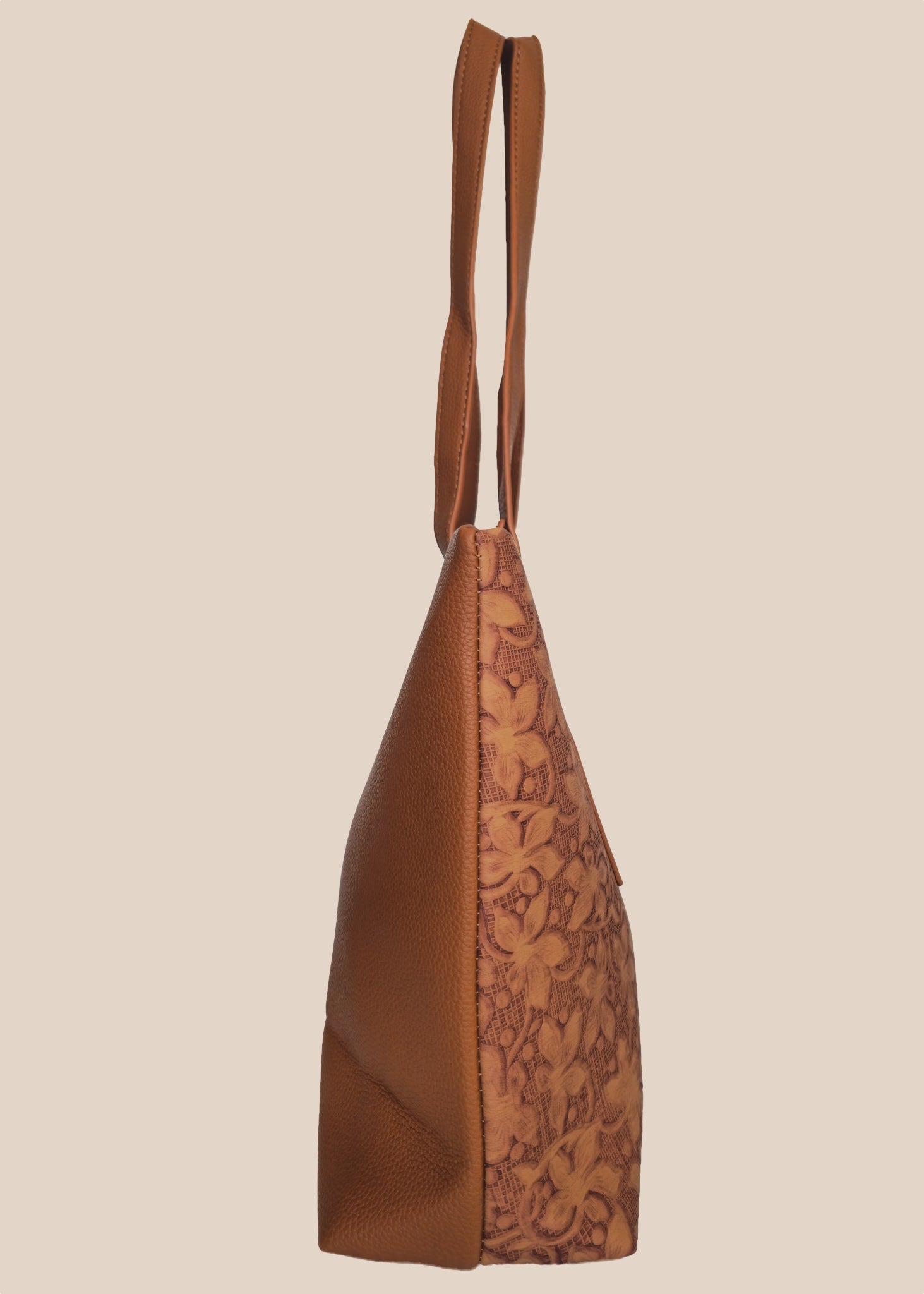 Dark Mouve floral-patterned handbag with a gold zipper, side view