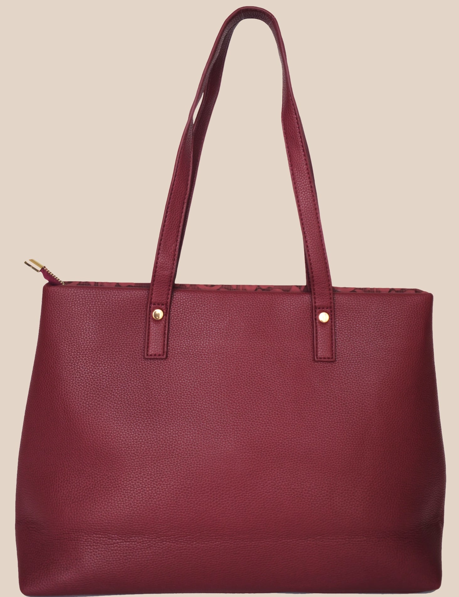 Burugundy floral-patterned handbag with a gold zipper back view