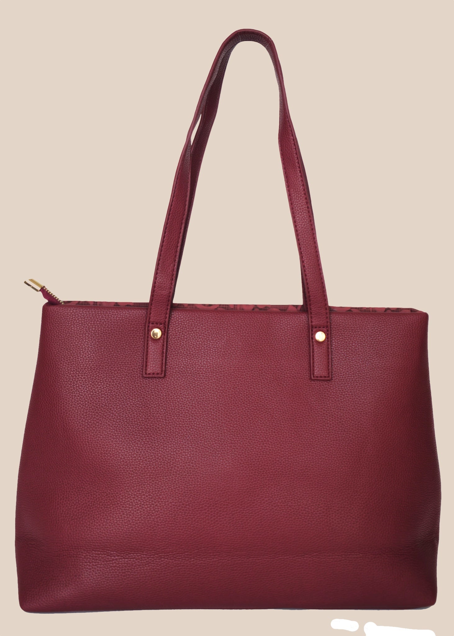 Burugundy floral-patterned handbag with a gold zipper back view