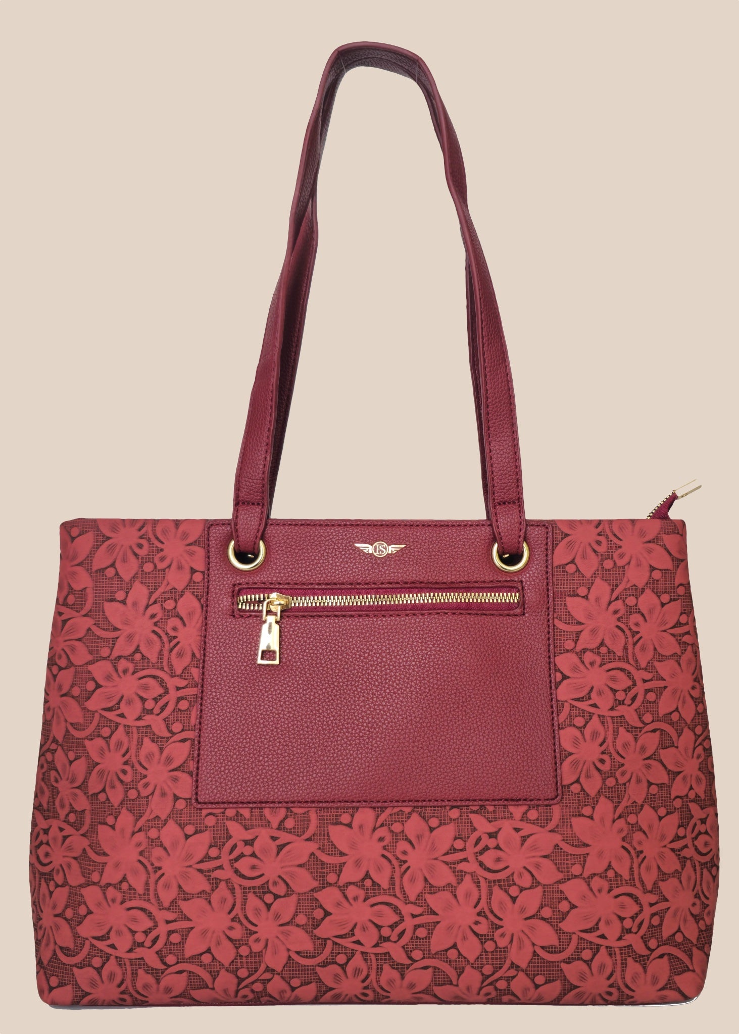 Burugundy floral-patterned handbag with a gold zipper front view