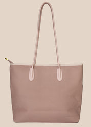 Dusty Pink tote bag with a floral scarf draped over it back view