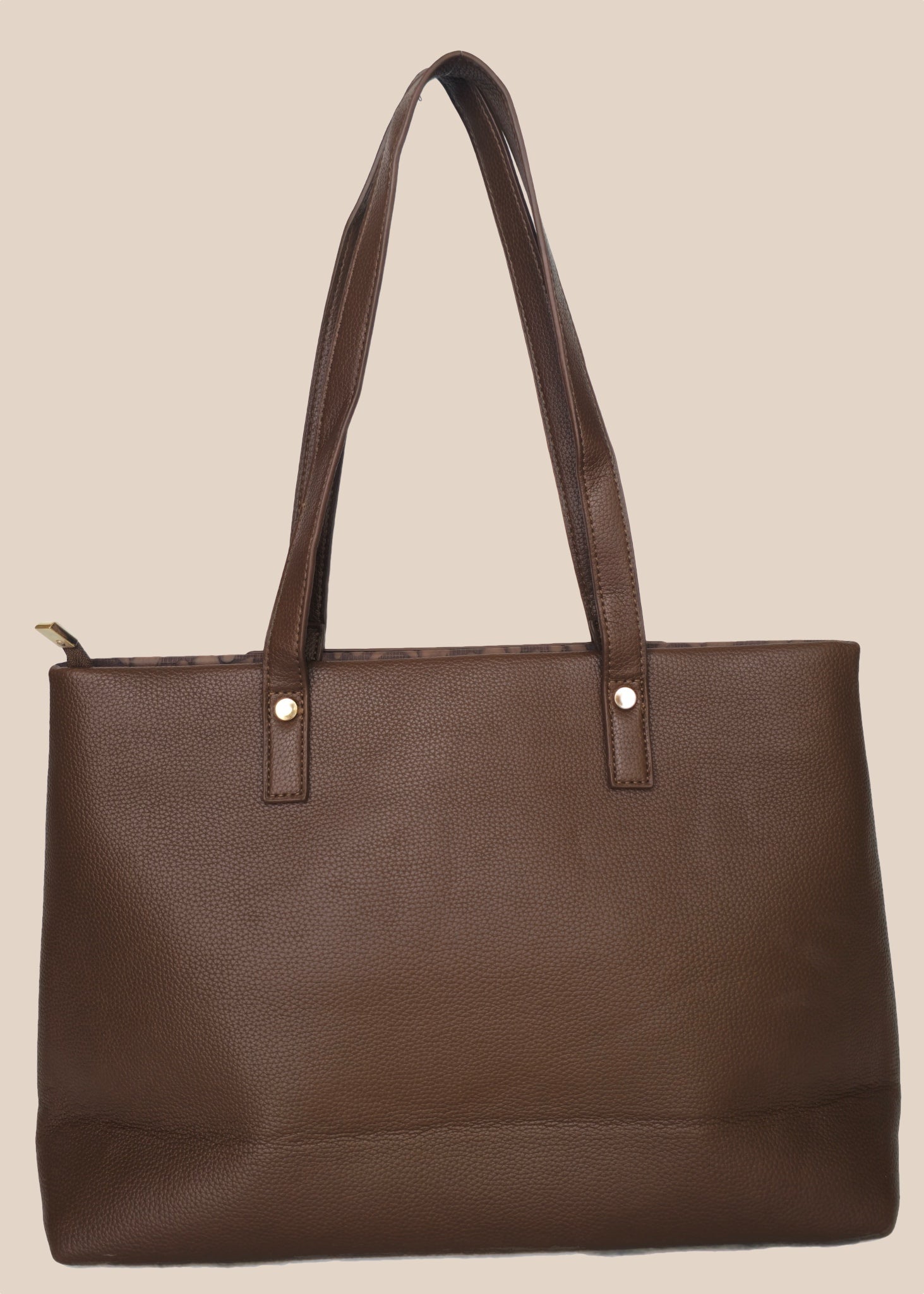 Tan Mouve floral-patterned handbag with a gold zipper back view
