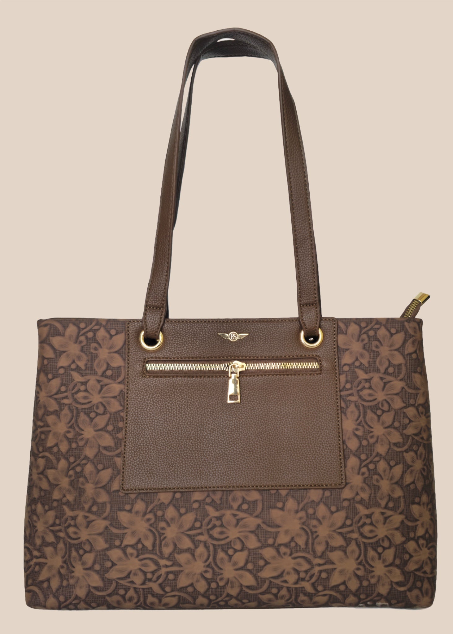 Tan floral-patterned handbag with a gold zipper front view