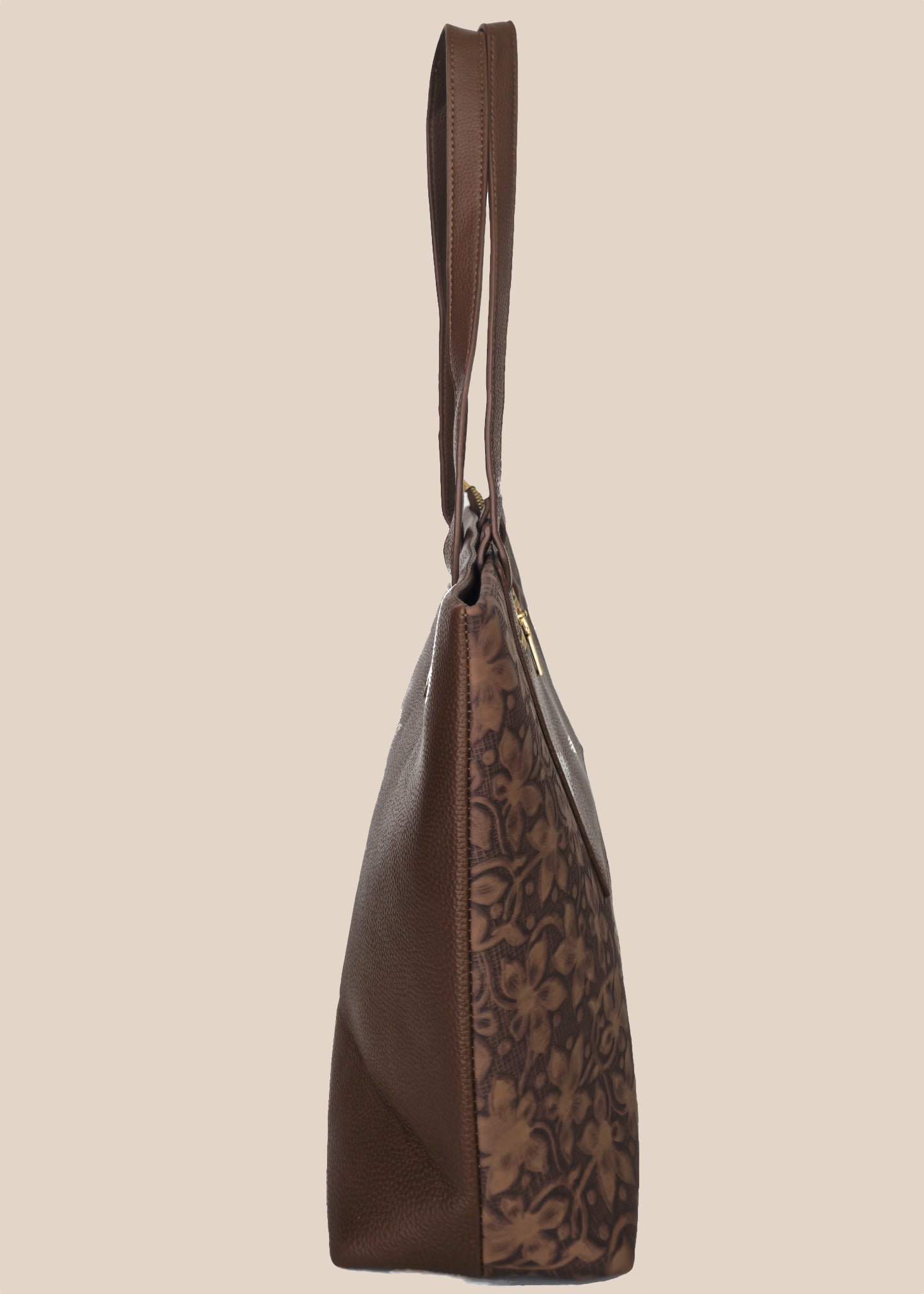 Tan Mouve floral-patterned handbag with a gold zipper side view