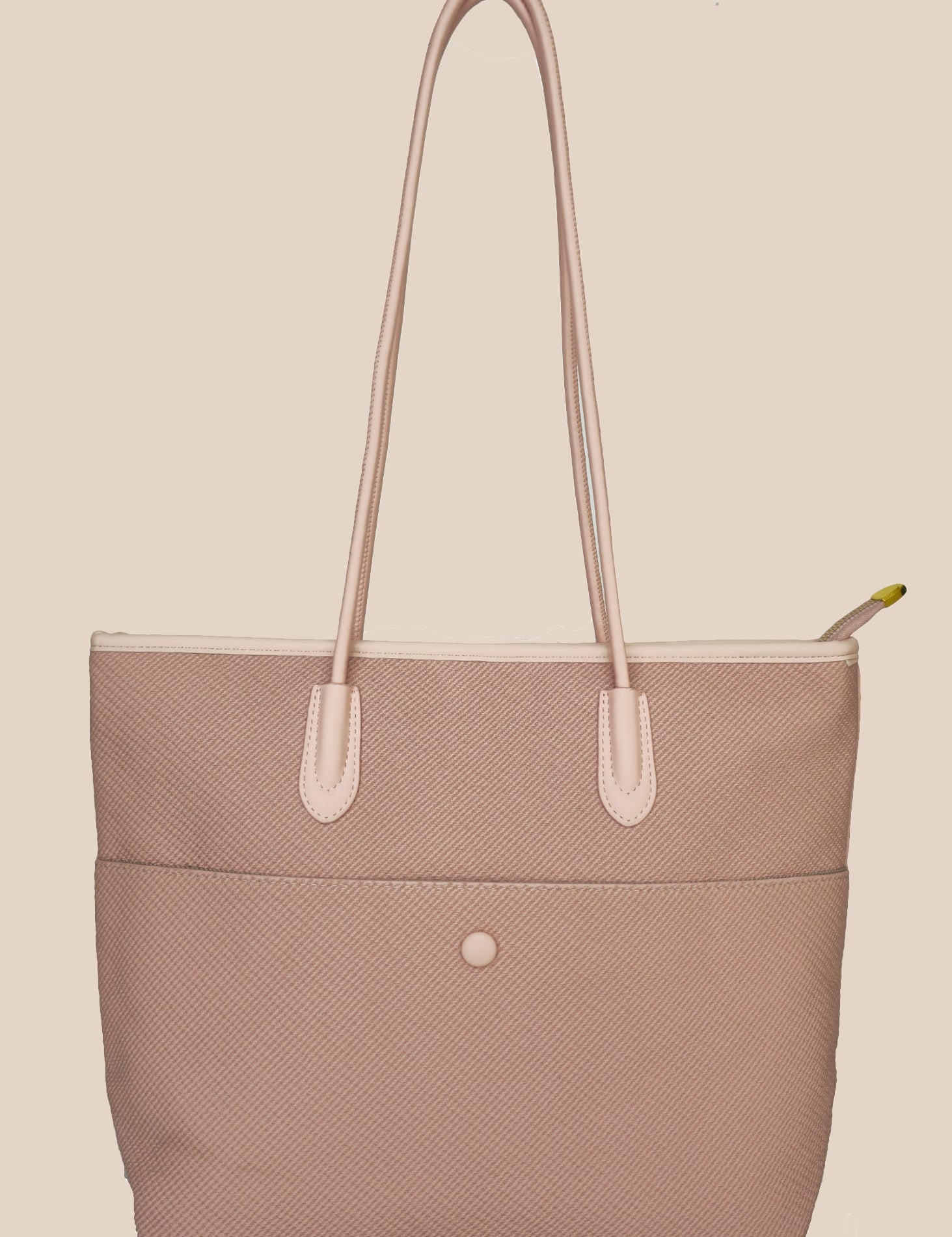 Dusty Pink tote bag with a floral scarf draped over it front view2