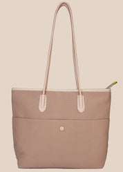 Dusty Pink tote bag with a floral scarf draped over it front view2