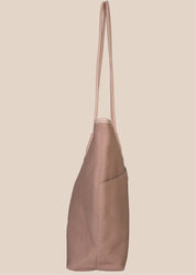 Dusty Pink tote bag with a floral scarf draped over it side view
