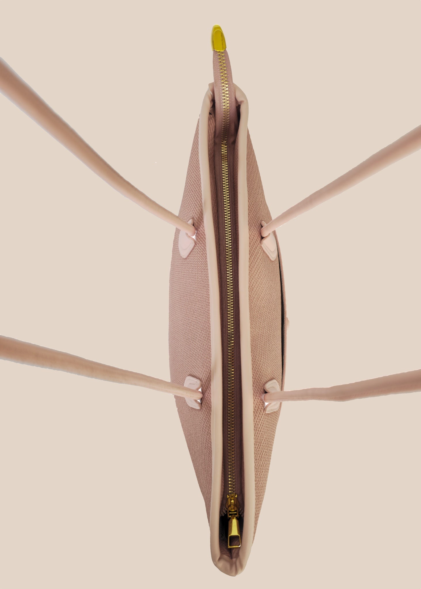 Dusty Pink tote bag with a floral scarf draped over it top view