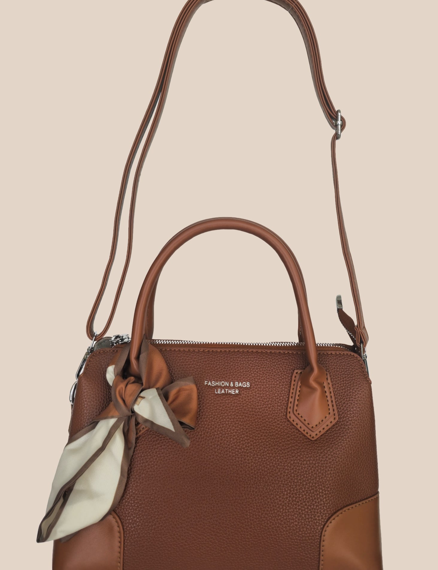 Brown handbag with a matching scarf front view2