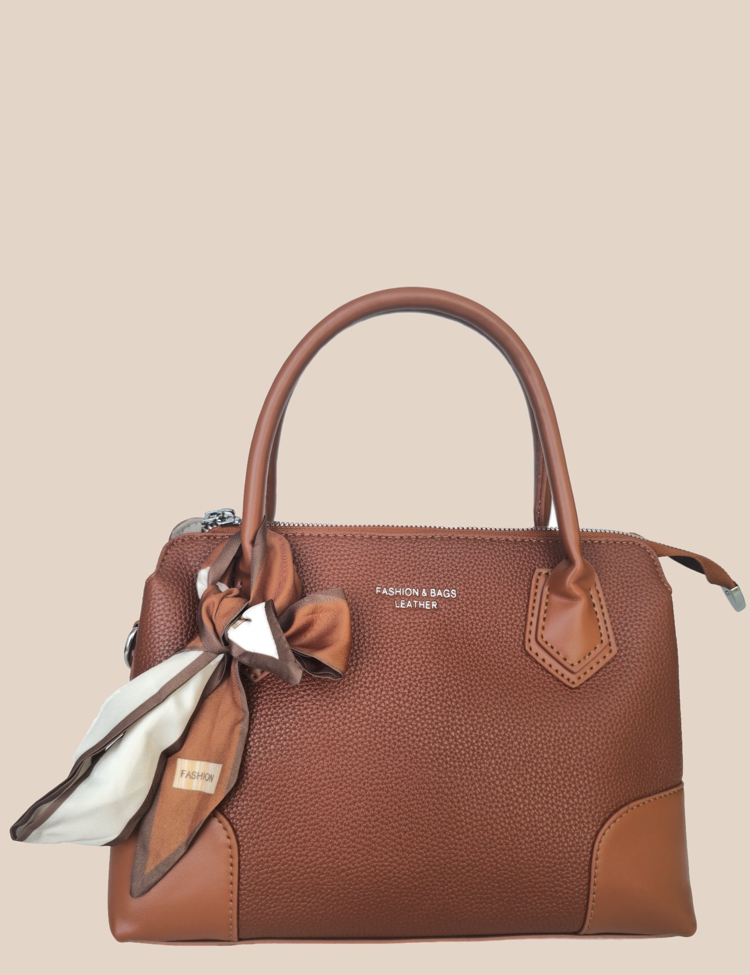 Brown handbag with a matching scarf front