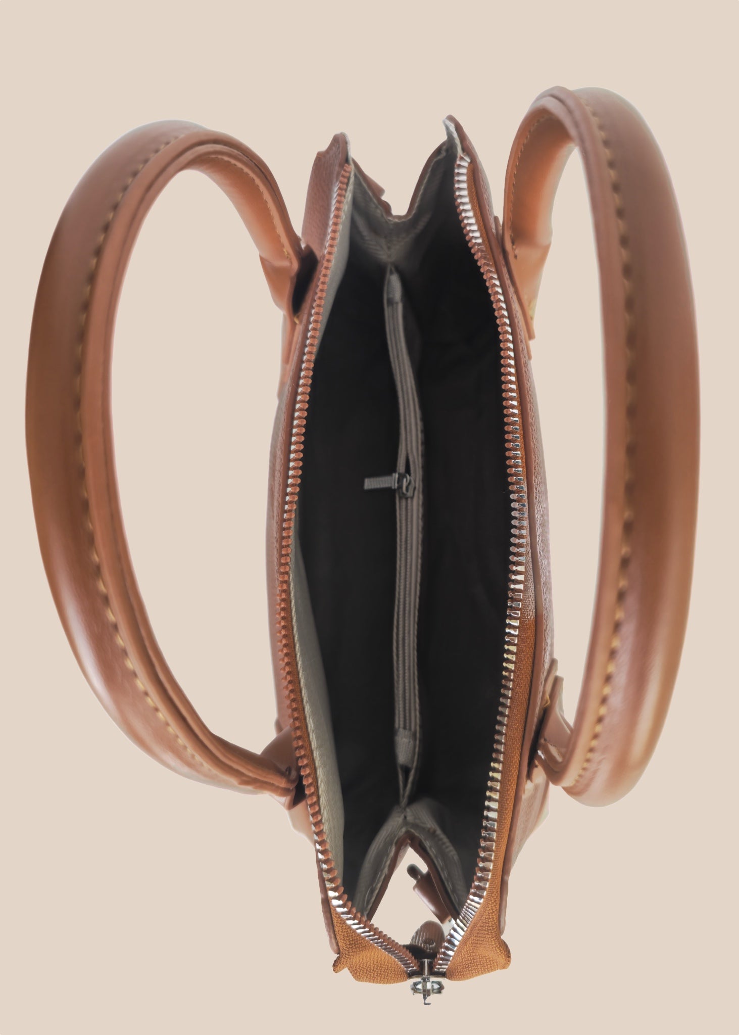 Brown handbag with a matching scarf top view